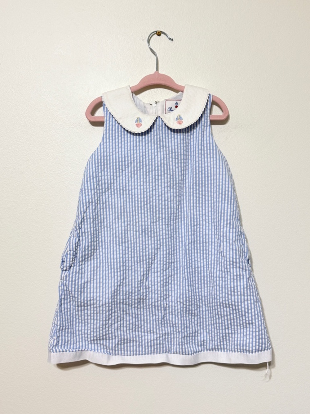 Classic Prep Striped Seersucker Dress 4T Embroidery Sailboat Petal Collar - Picture 2 of 10